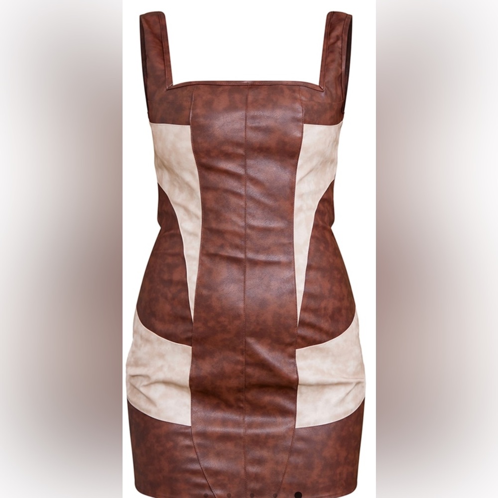 PLT Brown Faux Leather Contrast Panel Bodycon Dress